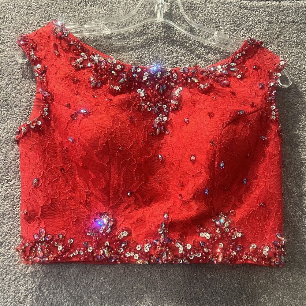 Mori Lee Madeline Gardner Prom Dress Top 6 Red Beaded Lace Two Piece Crop Bodice